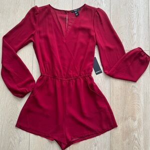 NWT F21 Deep Red Long-Sleeve Romper Sheer Back Romper (Medium)